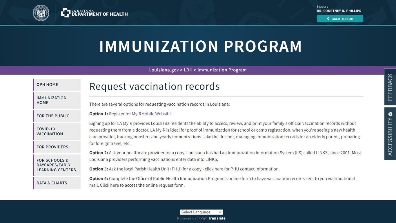 Request vaccination records | La Dept. of Health